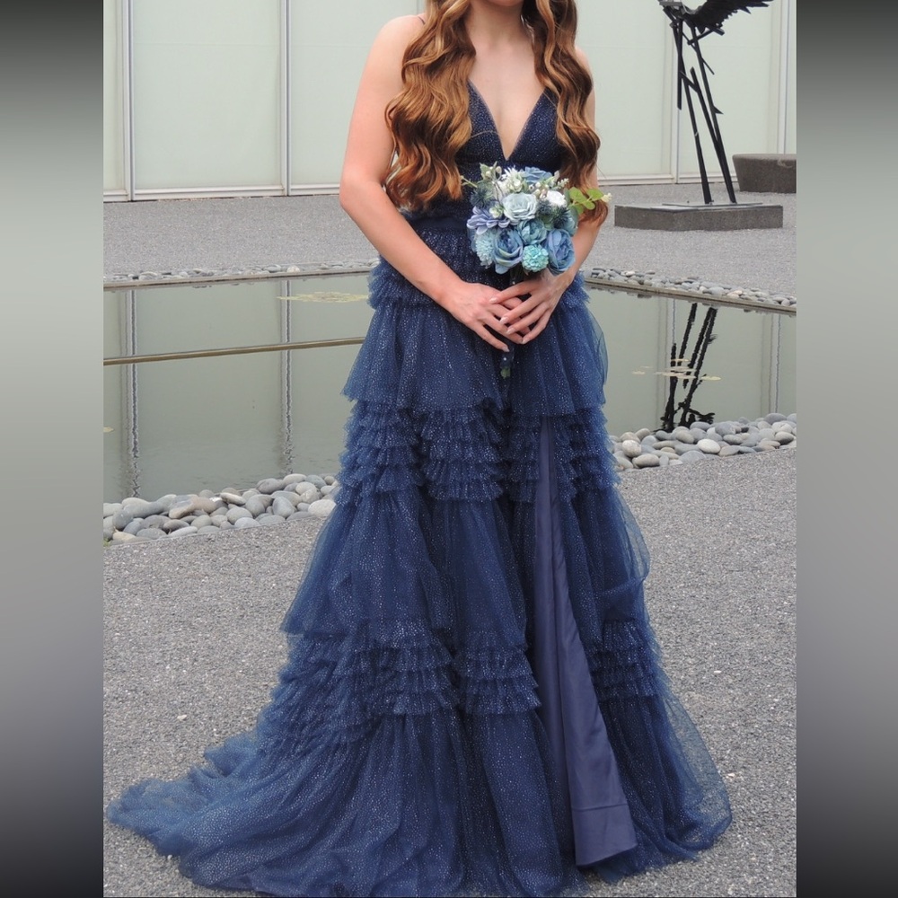 Tiered Navy Blue Prom Dress